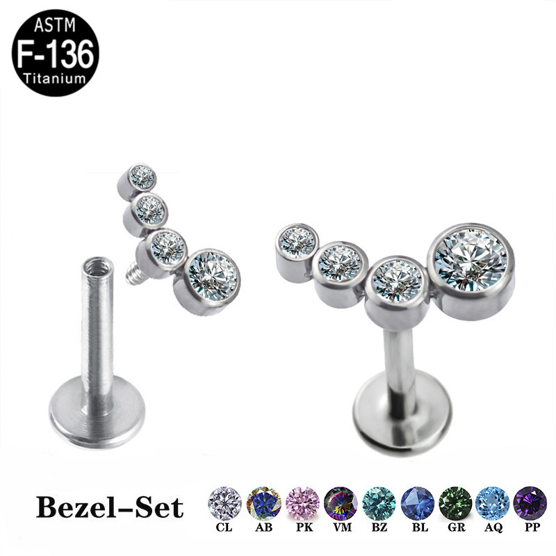 IMG_3262 Internally Threaded Bezel Set 4-CZ Stone Cluster Top Labret - Image 1