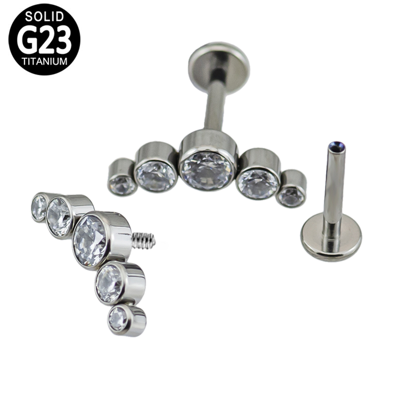 IMG_3264 Internally Threaded Bezel Set 5-CZ Stone Cluster Top Labret - Image 1