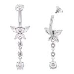 Titanium Bezel Set CZ Top With 4 Marquise CZ Belly Button Ring With CZ Dangle