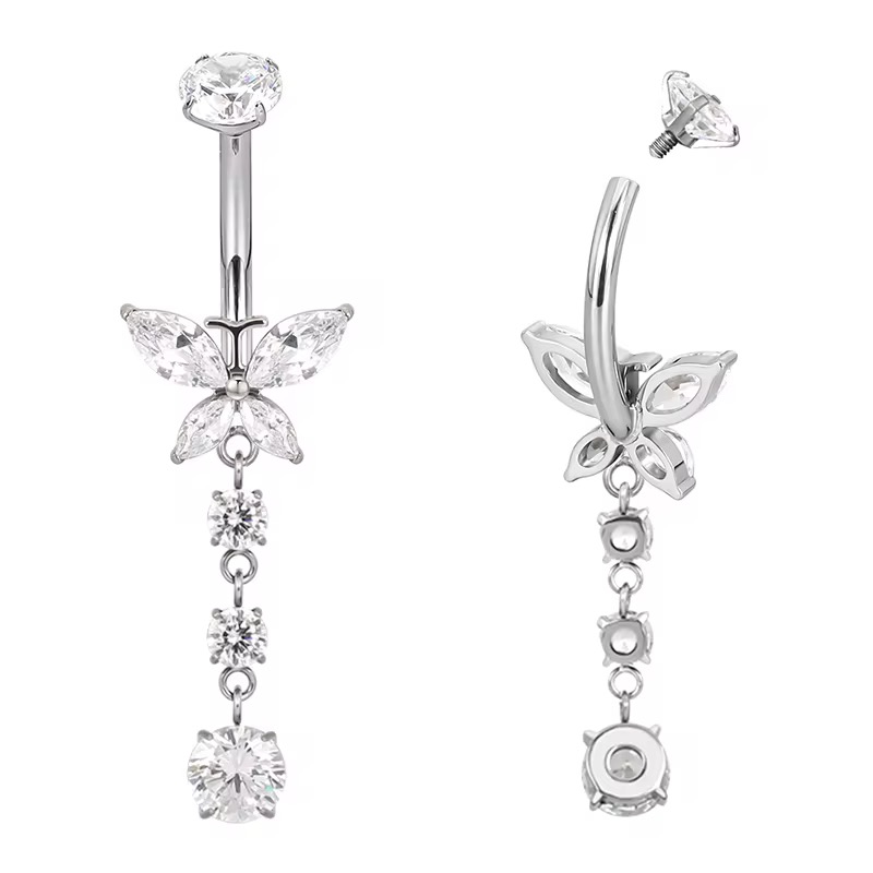image00022 Titanium Bezel Set CZ Top With 4 Marquise CZ Belly Button Ring With CZ Dangle - Image 1
