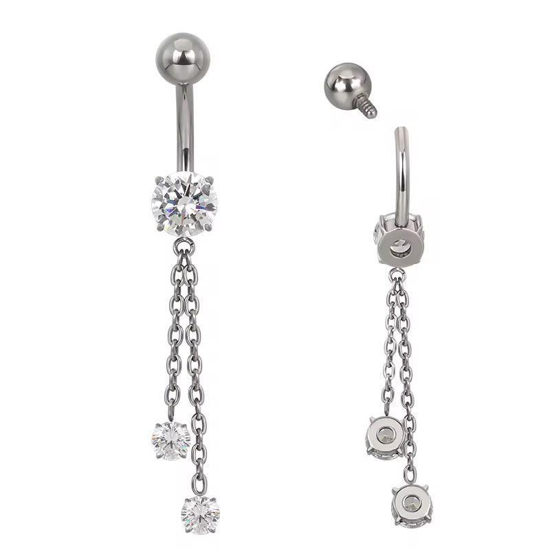 Titanium CZ With 2 Chain Dangle Belly Button Ring - Polished Titanium CZ With 2 Chain Dangle Belly Button Ring - Image 1