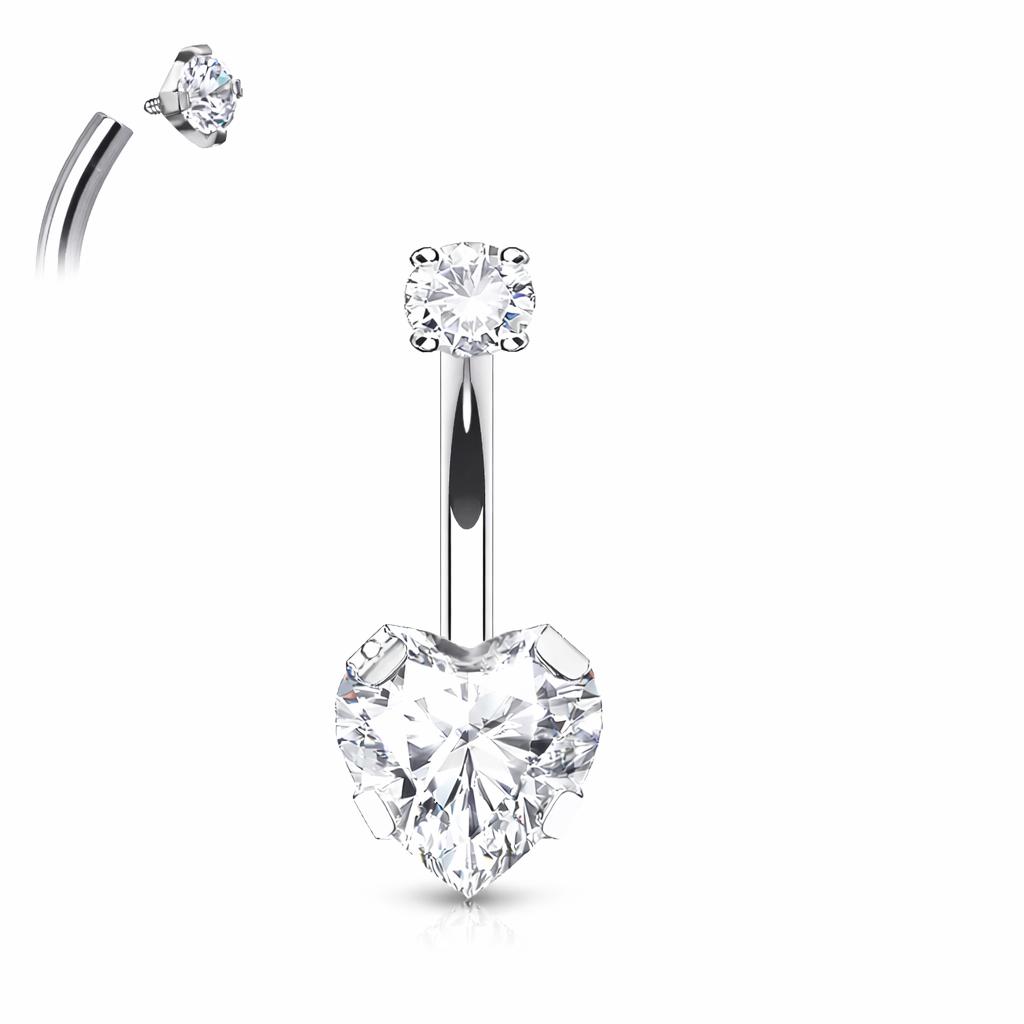 Titanium Prong Set Heart Zircon Belly Button Ring - Polished Titanium Prong Set Heart Zircon Belly Button Ring - Image 1