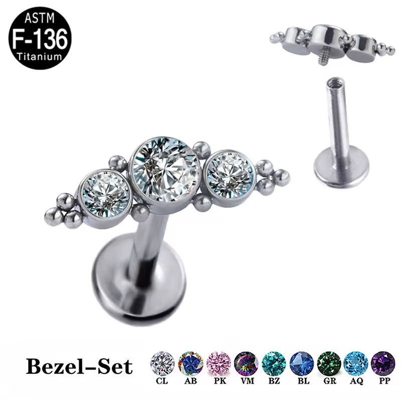 image00030 Internally Threaded 2 Tri- bead Cluster With 3-CZ Stone - Image 1