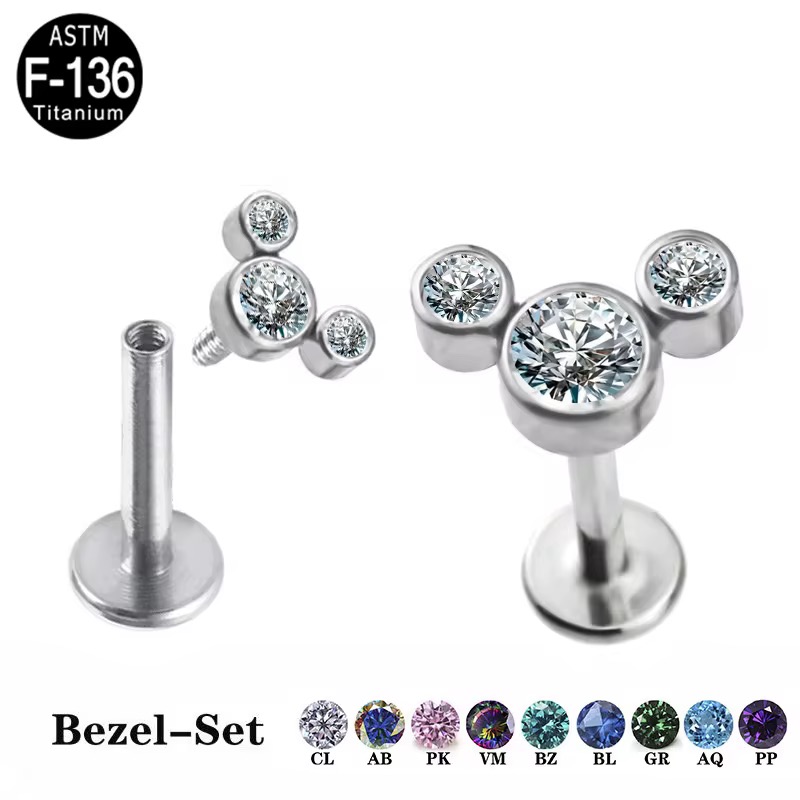 image00034 Internally Threaded Bezel Set 3-CZ Stone Cluster Top Labret - Image 1