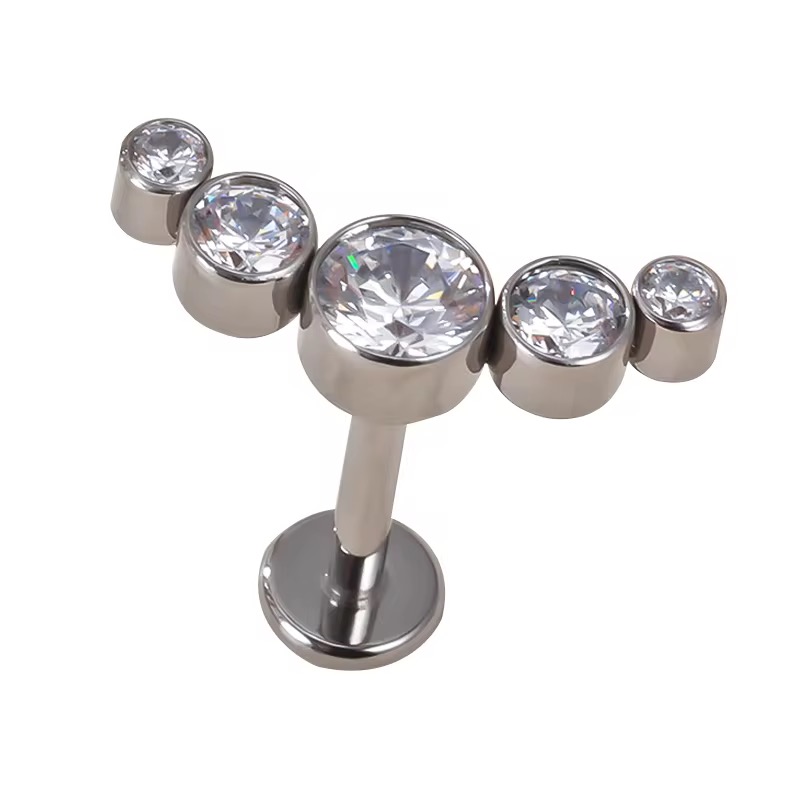 image00046 Internally Threaded Bezel Set 5-CZ Stone Cluster Top Labret - Image 1