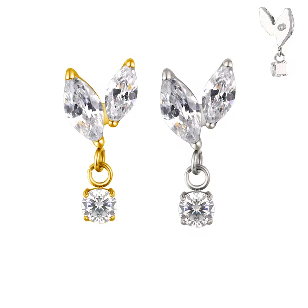 image00080 Titanium Push In CNC Set 2 Marquise CZ With CZ Dangle Internally Threaded Top - Image 1